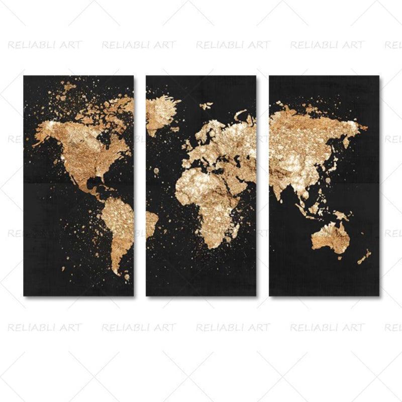 3 Panels World Map Canvas Paintings-Original Frame