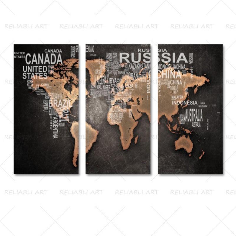 3 Panels World Map Canvas Paintings-Original Frame