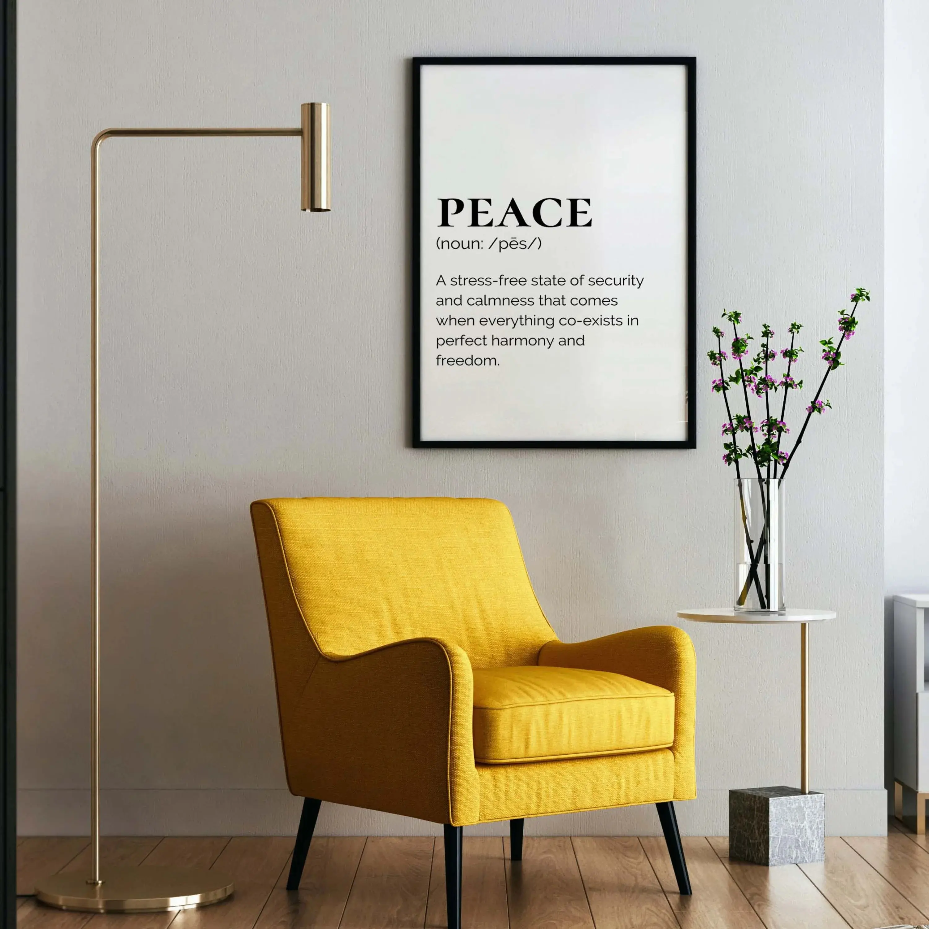 Peace- text. Smard Black Wall Art Print