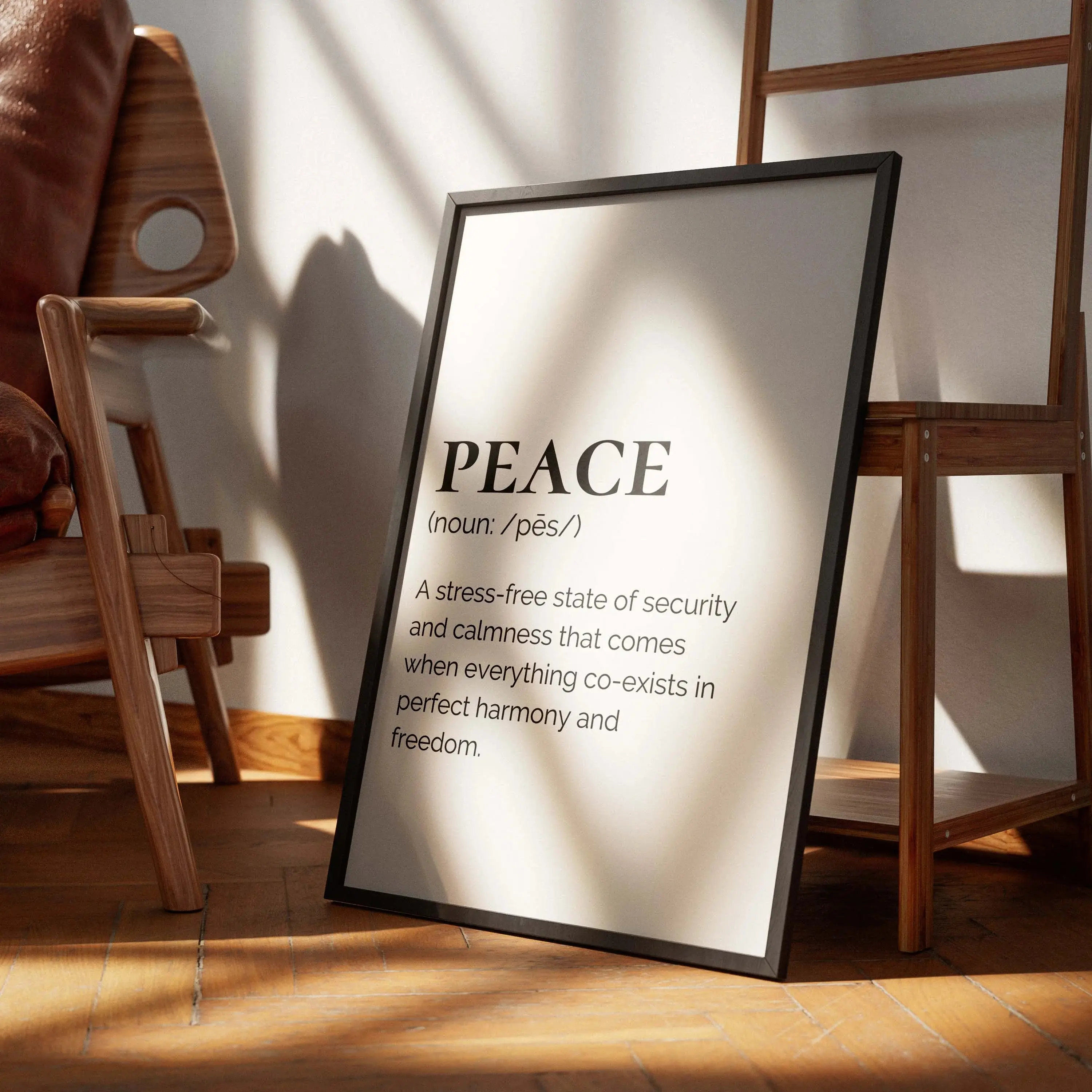 Peace- text. Smard Black Wall Art Print