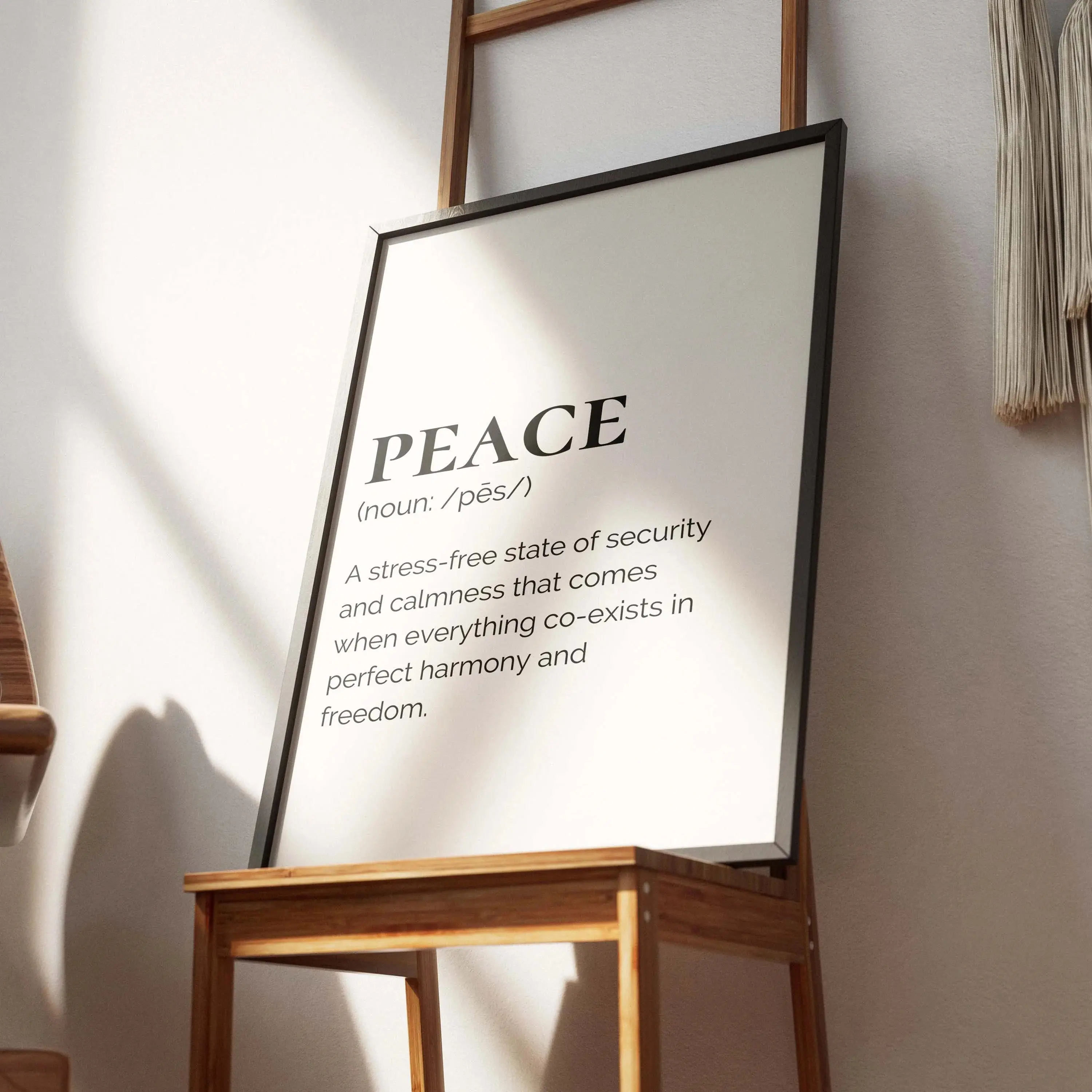 Peace- text. Smard Black Wall Art Print