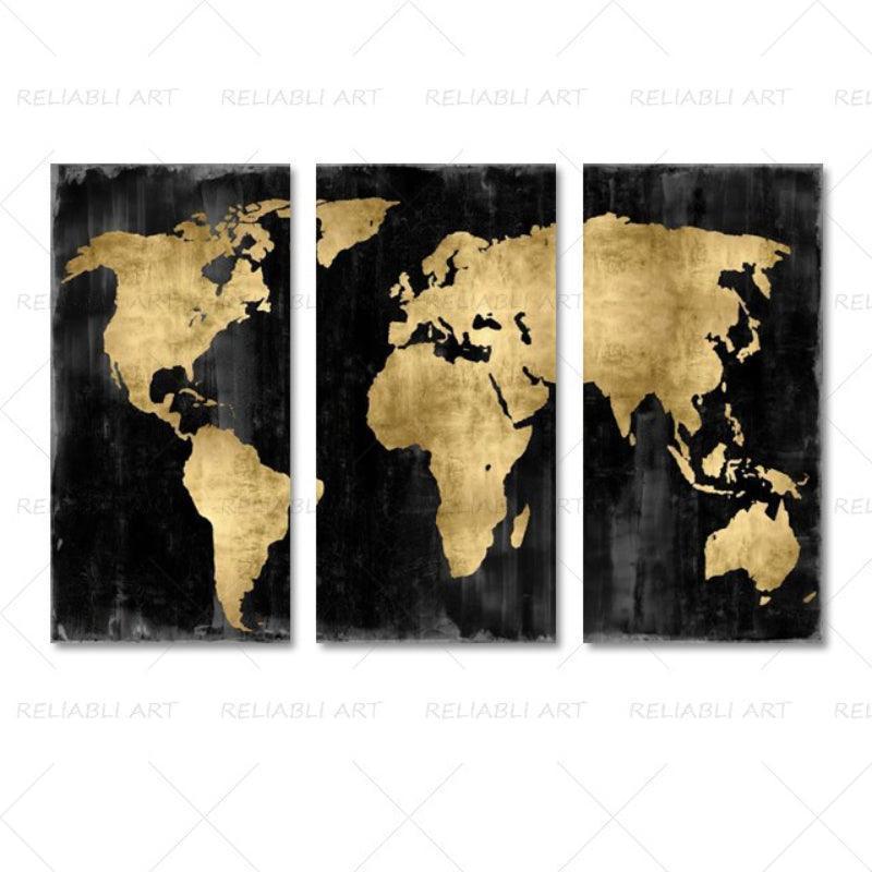 3 Panels World Map Canvas Paintings-Original Frame