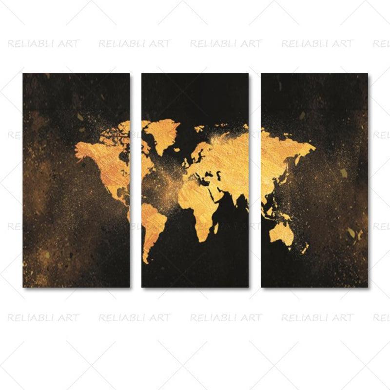 3 Panels World Map Canvas Paintings-Original Frame