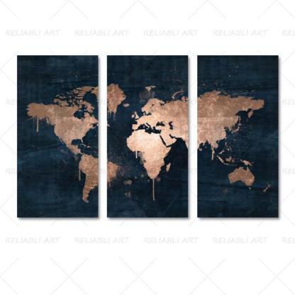 3 Panels World Map Canvas Paintings-Original Frame