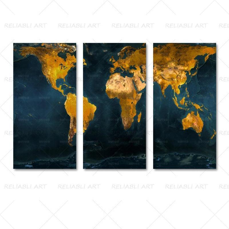 3 Panels World Map Canvas Paintings-Original Frame
