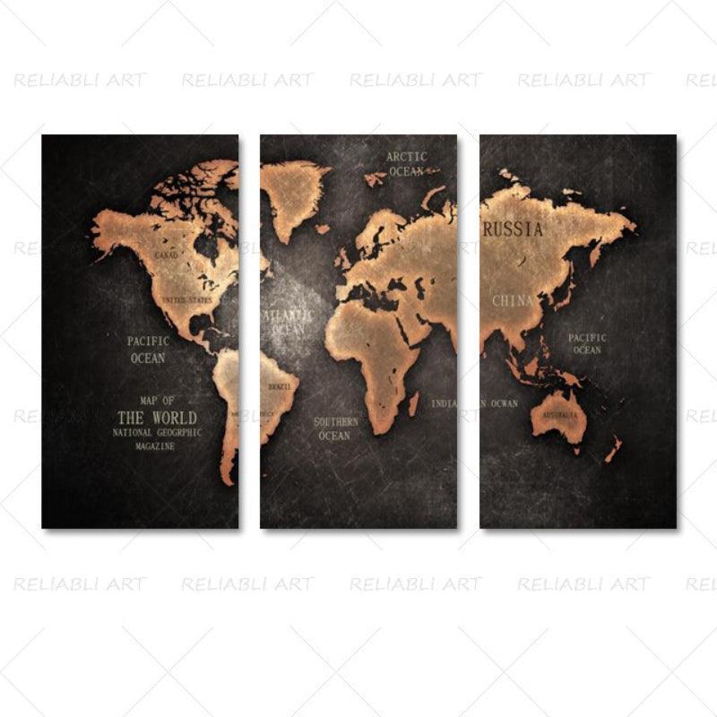 3 Panels World Map Canvas Paintings-Original Frame
