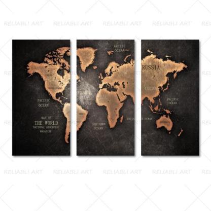 3 Panels World Map Canvas Paintings-Original Frame