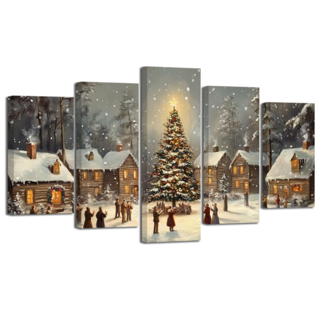 5 Pieces Christmas Tree Wall Art Winter Snowy Church Pictures