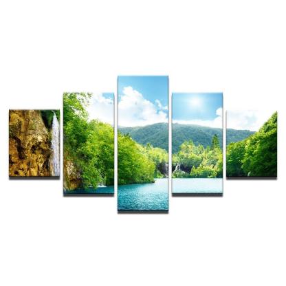 Waterfall Mountain Nature Landscape 5 Piece HD Multi Panel Canvas Wall Art Frame-Original Frame
