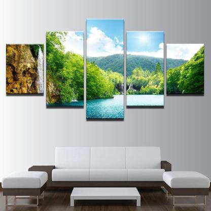 Waterfall Mountain Nature Landscape 5 Piece HD Multi Panel Canvas Wall Art Frame-Original Frame