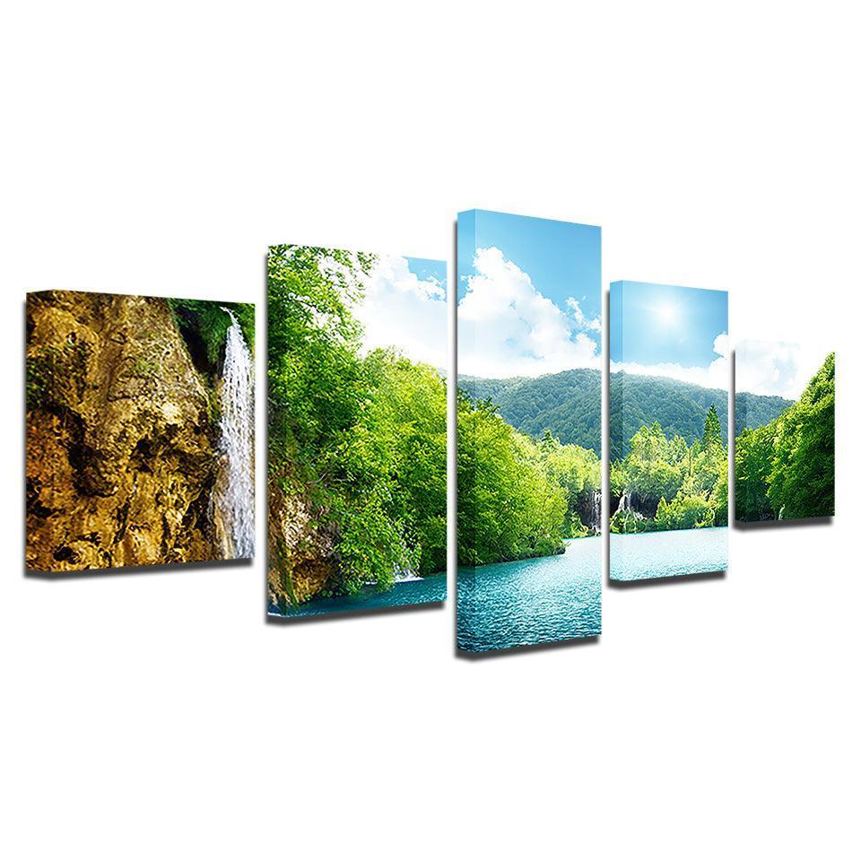 Waterfall Mountain Nature Landscape 5 Piece HD Multi Panel Canvas Wall Art Frame-Original Frame