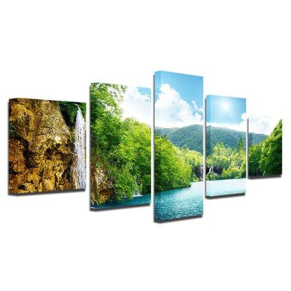 Waterfall Mountain Nature Landscape 5 Piece HD Multi Panel Canvas Wall Art Frame-Original Frame