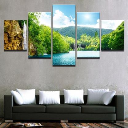 Waterfall Mountain Nature Landscape 5 Piece HD Multi Panel Canvas Wall Art Frame-Original Frame