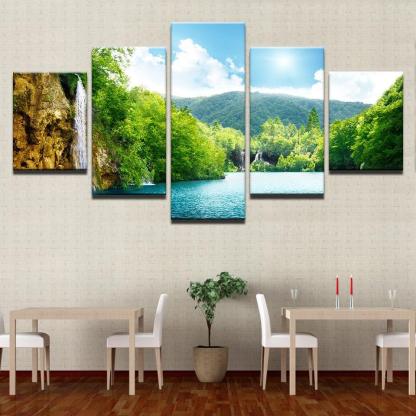 Waterfall Mountain Nature Landscape 5 Piece HD Multi Panel Canvas Wall Art Frame-Original Frame