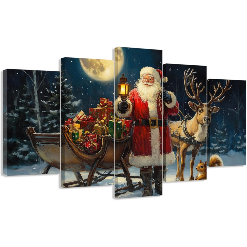 5 Piece Christmas Wall Art Santa Claus and Reindeer Pictures