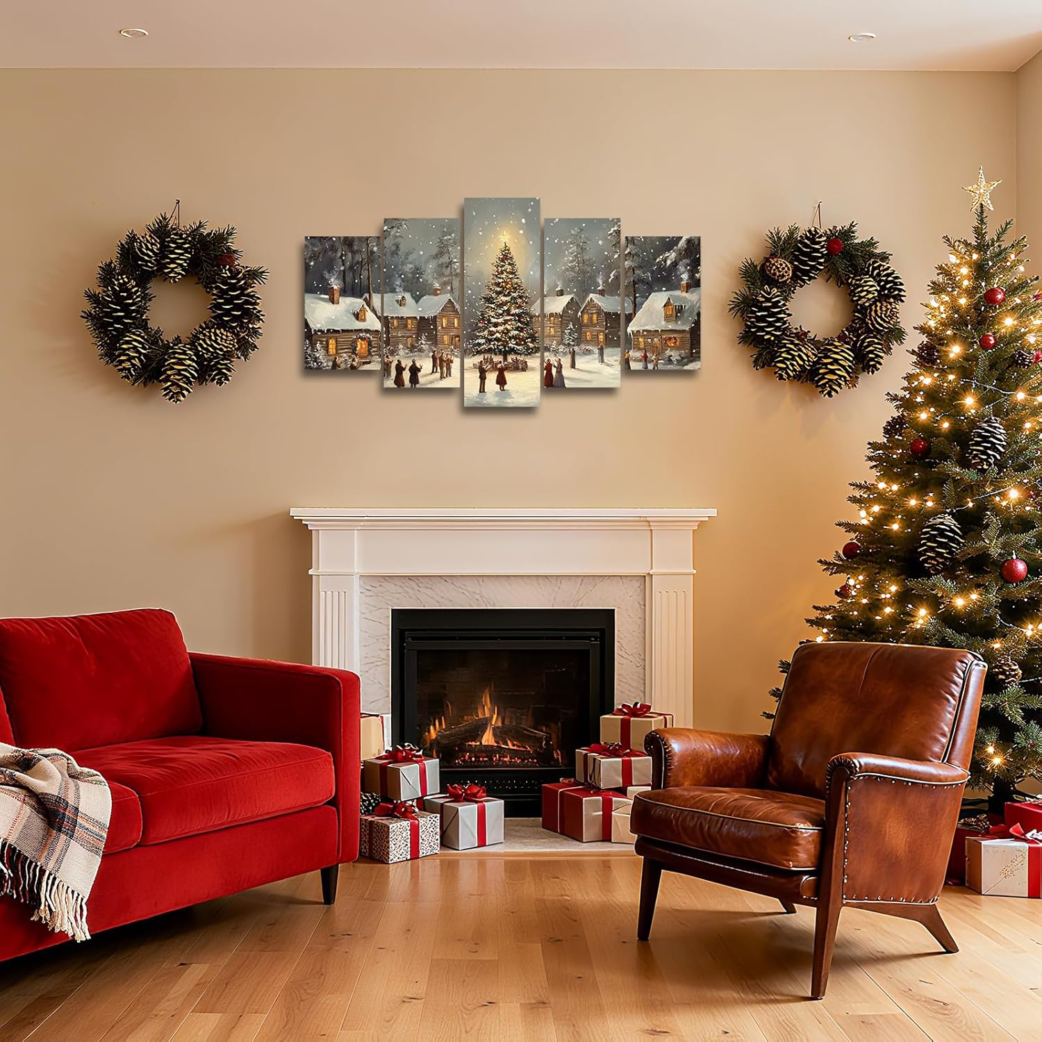 5 Pieces Christmas Tree Wall Art Winter Snowy Church Pictures