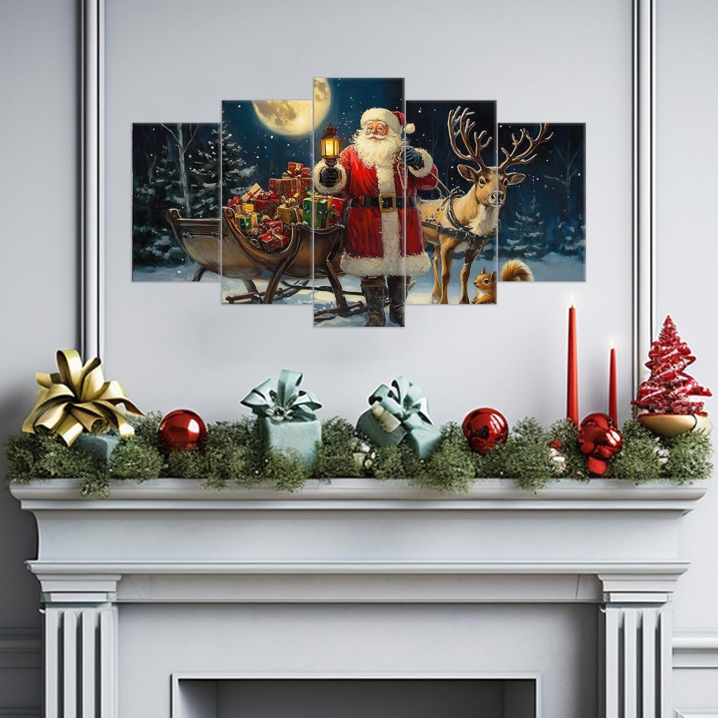 5 Piece Christmas Wall Art Santa Claus and Reindeer Pictures