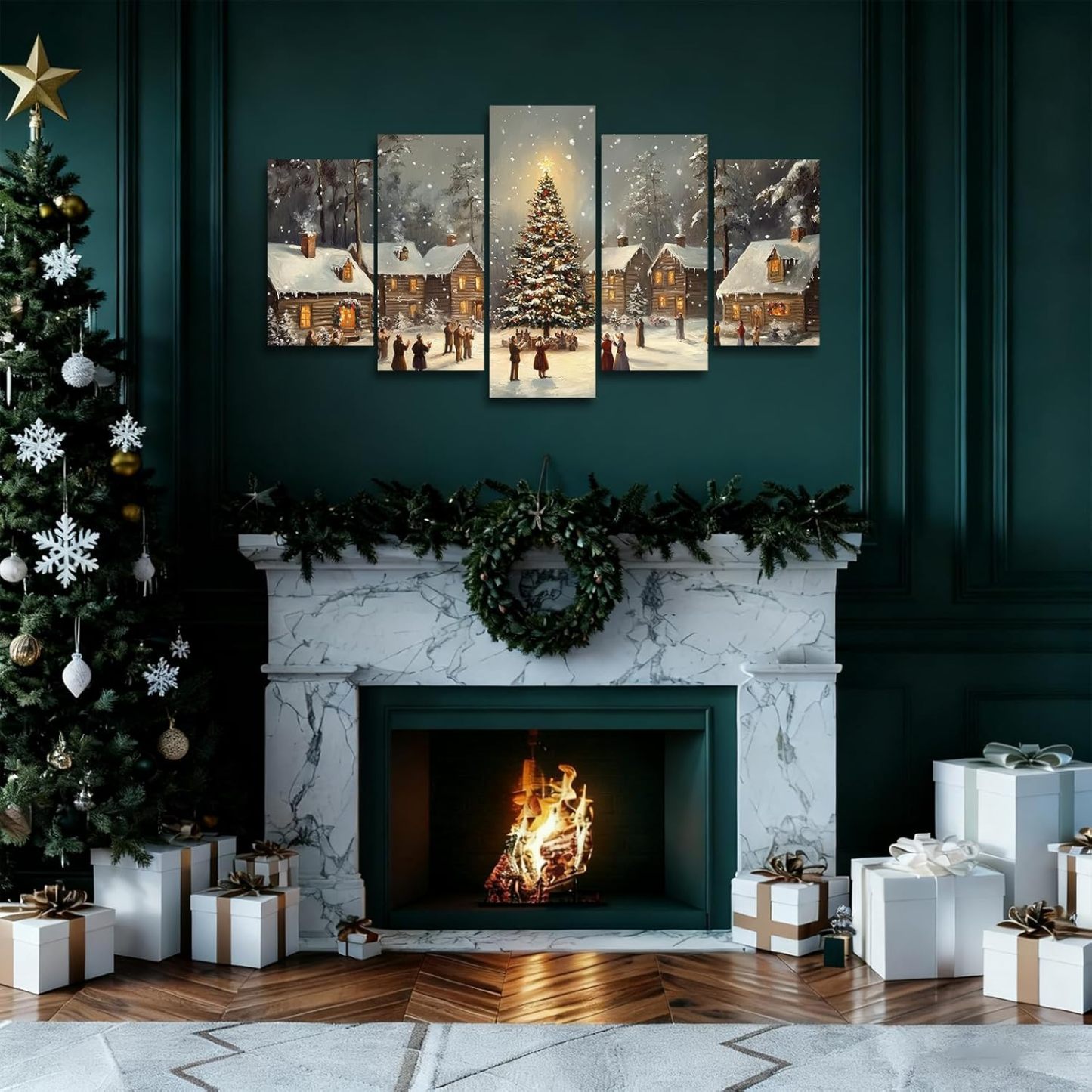 5 Pieces Christmas Tree Wall Art Winter Snowy Church Pictures