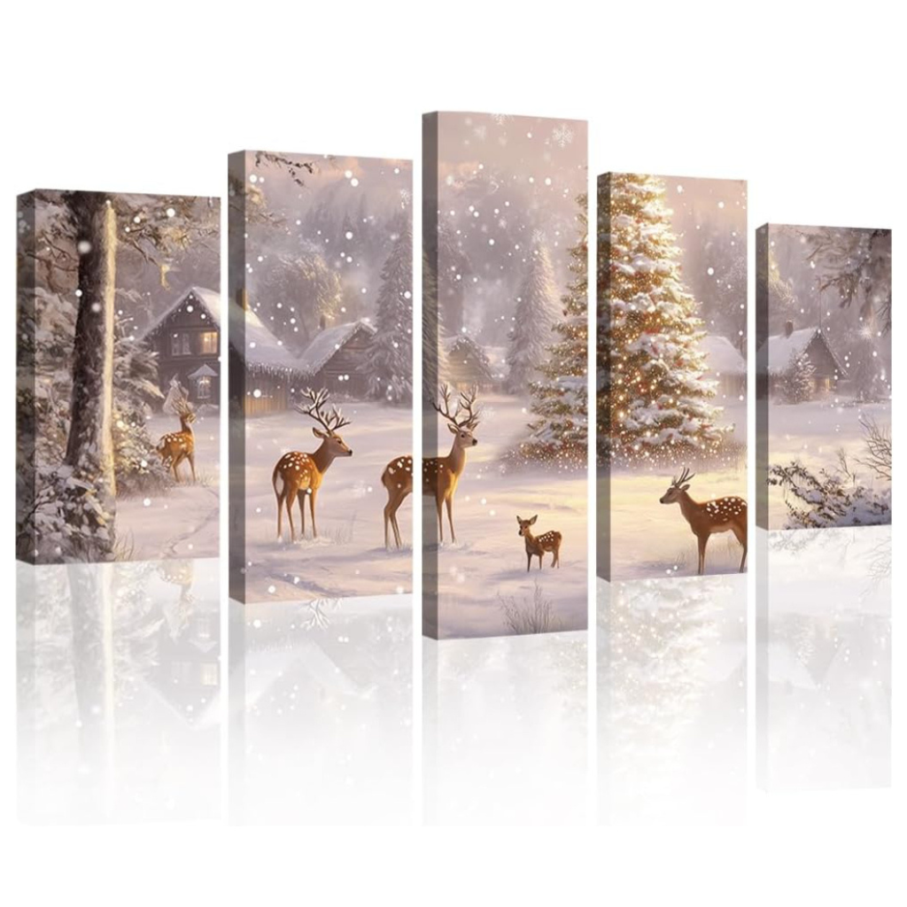 Christmas Canvas Wall Art 5 Piece Winter Snow Deer Christmas Tree Picture Print Rustic Cabin Snowy