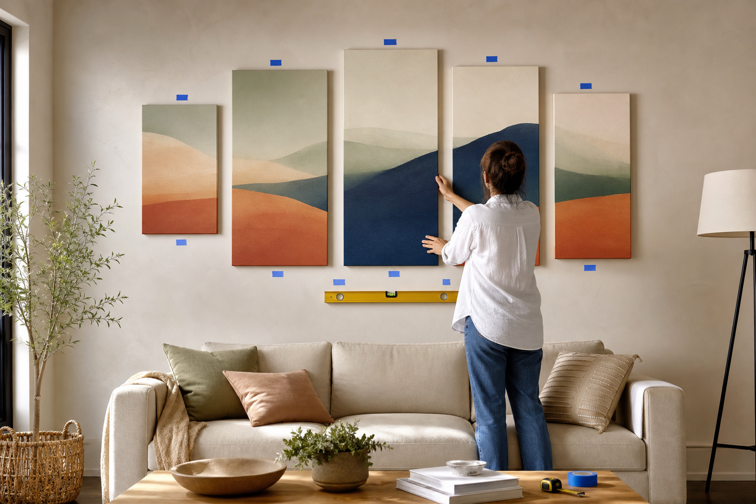 Person aligning five original abstract canvas panels above a sofa with painter's tape, tape measure and bubble level