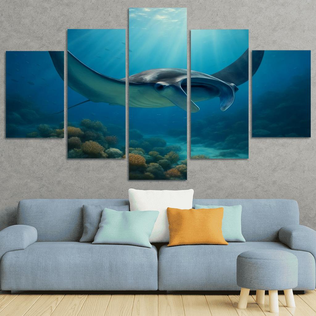 The Velvet Manta Ray Dancing Over Coral Gardens premium artwork frames