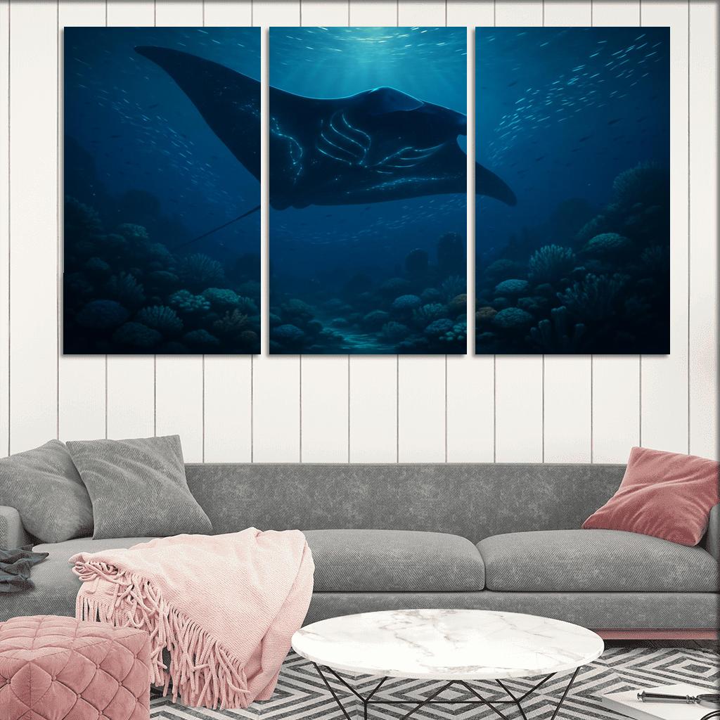 Bioluminescent Manta Ray Over Coral Reef canvas paintings frame