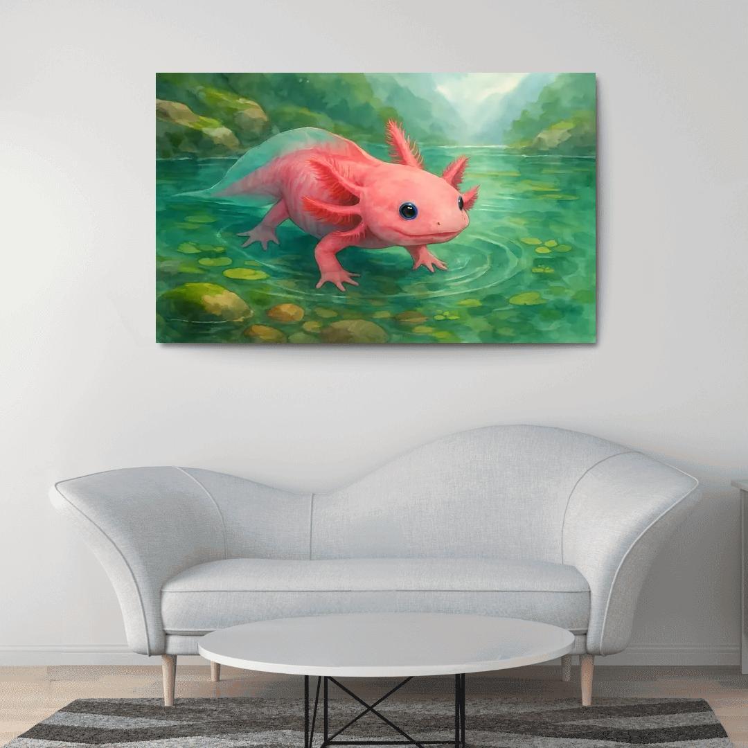 Neon Axolotl In A Mossy Mountain Pool home decor