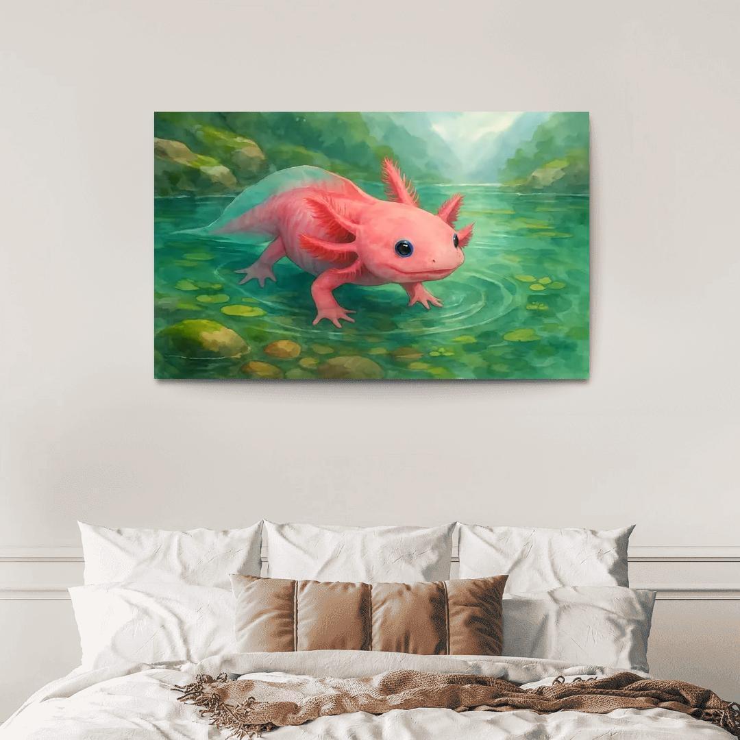Neon Axolotl In A Mossy Mountain Pool home decor