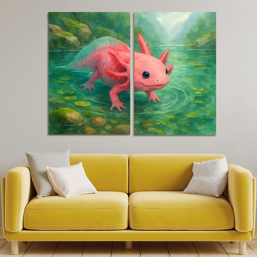 Neon Axolotl In A Mossy Mountain Pool home decor