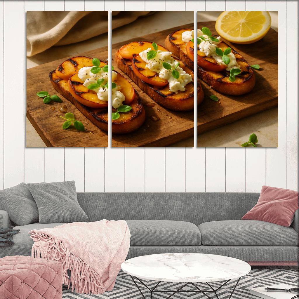 Charred Peach And Burrata Crostini With Honey Basil Drizzle decor
