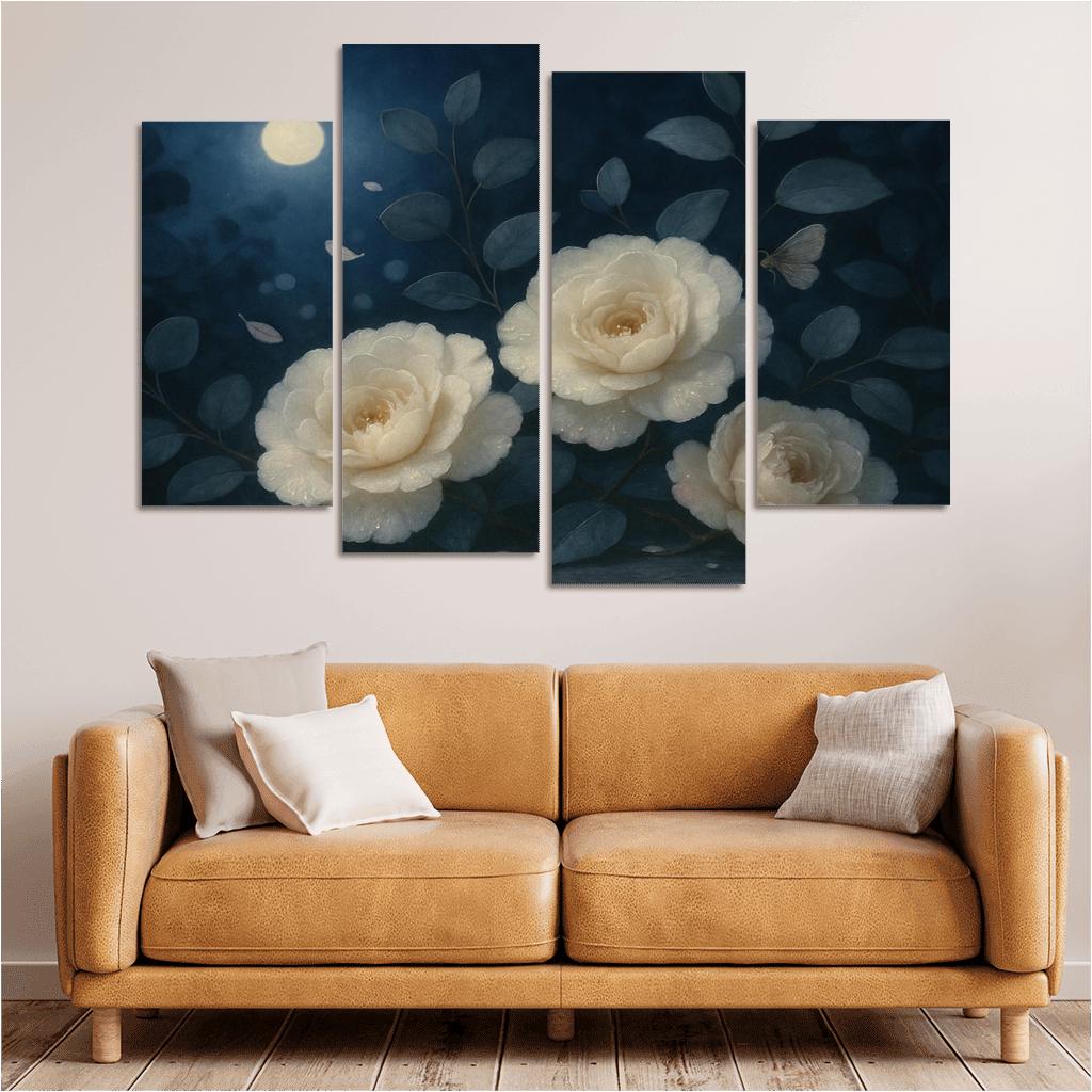 Moonlit Camellia Chorus multi-panel paintings