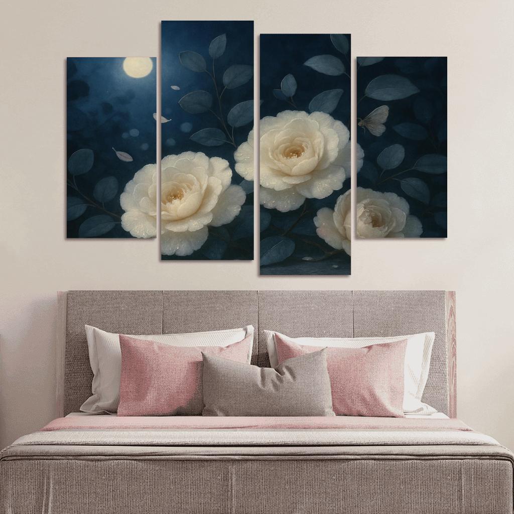 Moonlit Camellia Chorus multi-panel paintings