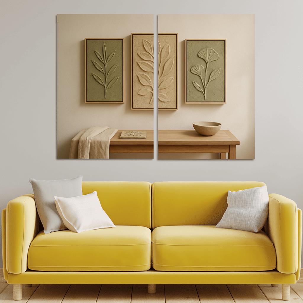 Textured Clay Botanical Relief Panels framed paintings