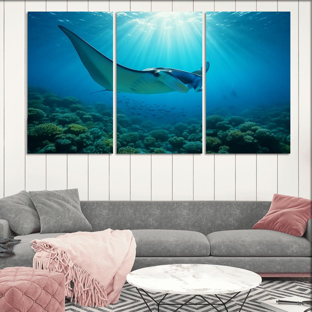 Blue Finned Manta Ray Over Coral Gardens wall art