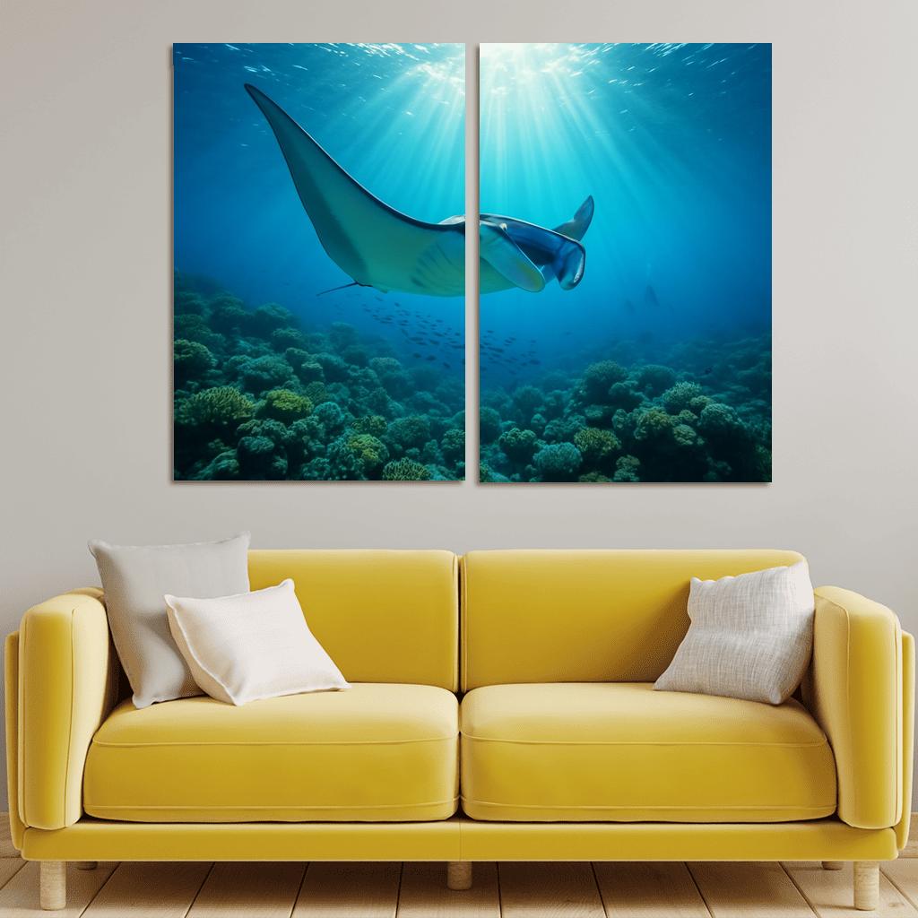 Blue Finned Manta Ray Over Coral Gardens wall art