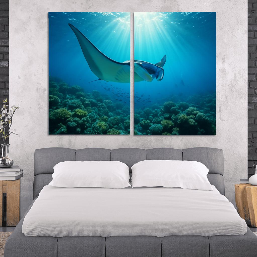 Blue Finned Manta Ray Over Coral Gardens wall art