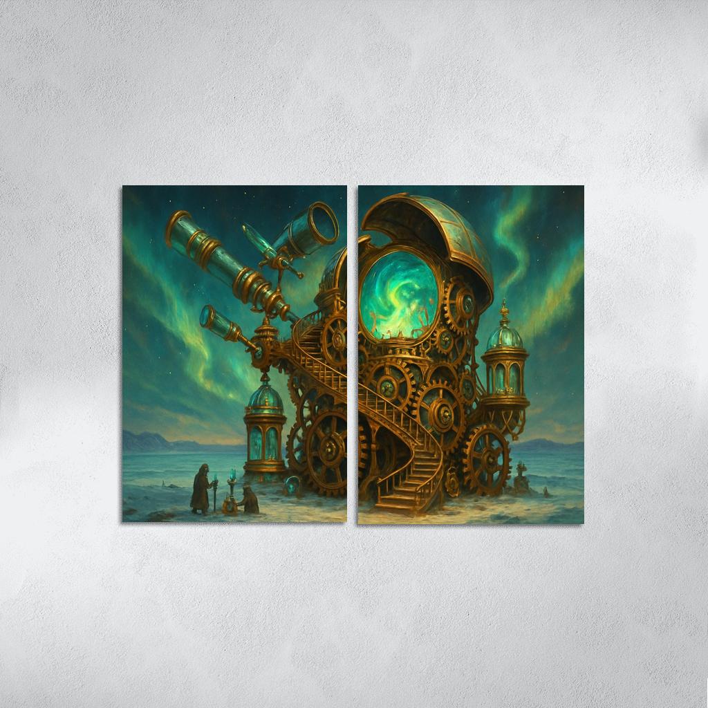 Clockwork Aurora Observatory multi-panel paintings