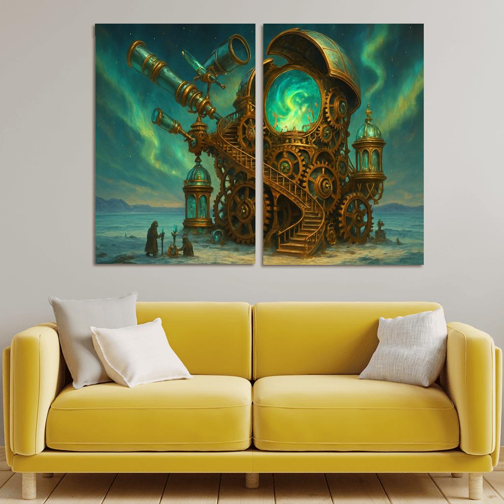 Clockwork Aurora Observatory multi-panel paintings