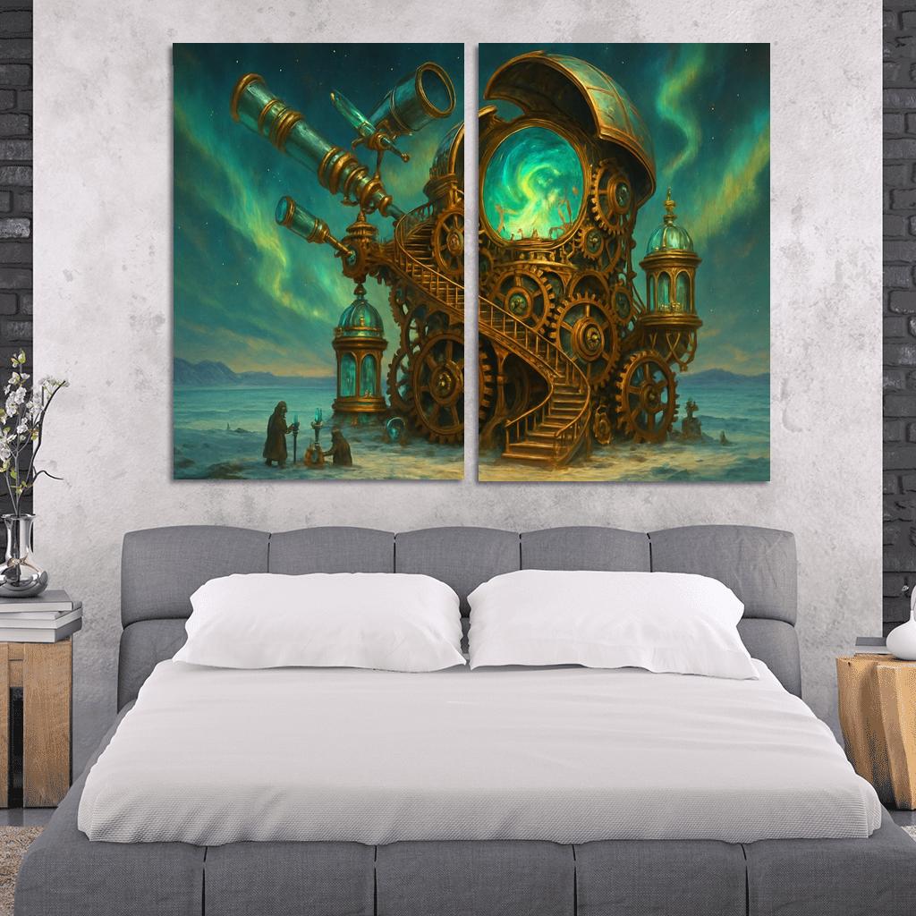 Clockwork Aurora Observatory multi-panel paintings