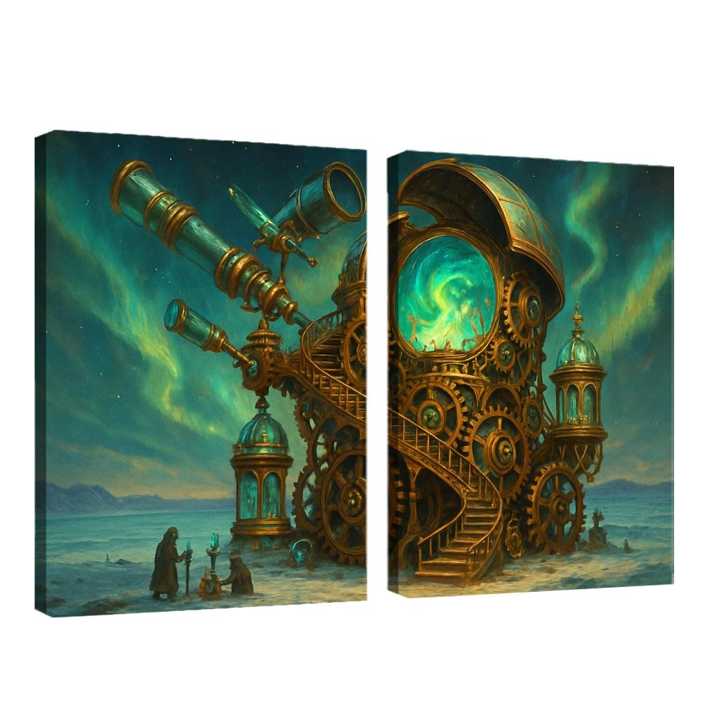 Clockwork Aurora Observatory multi-panel paintings