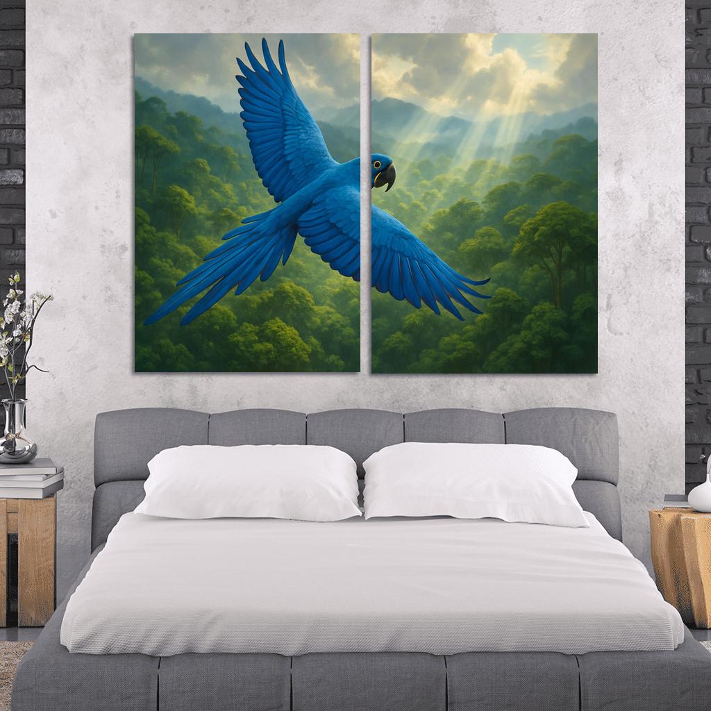 Azure Macaw Over Rainforest Canopy framed paintings