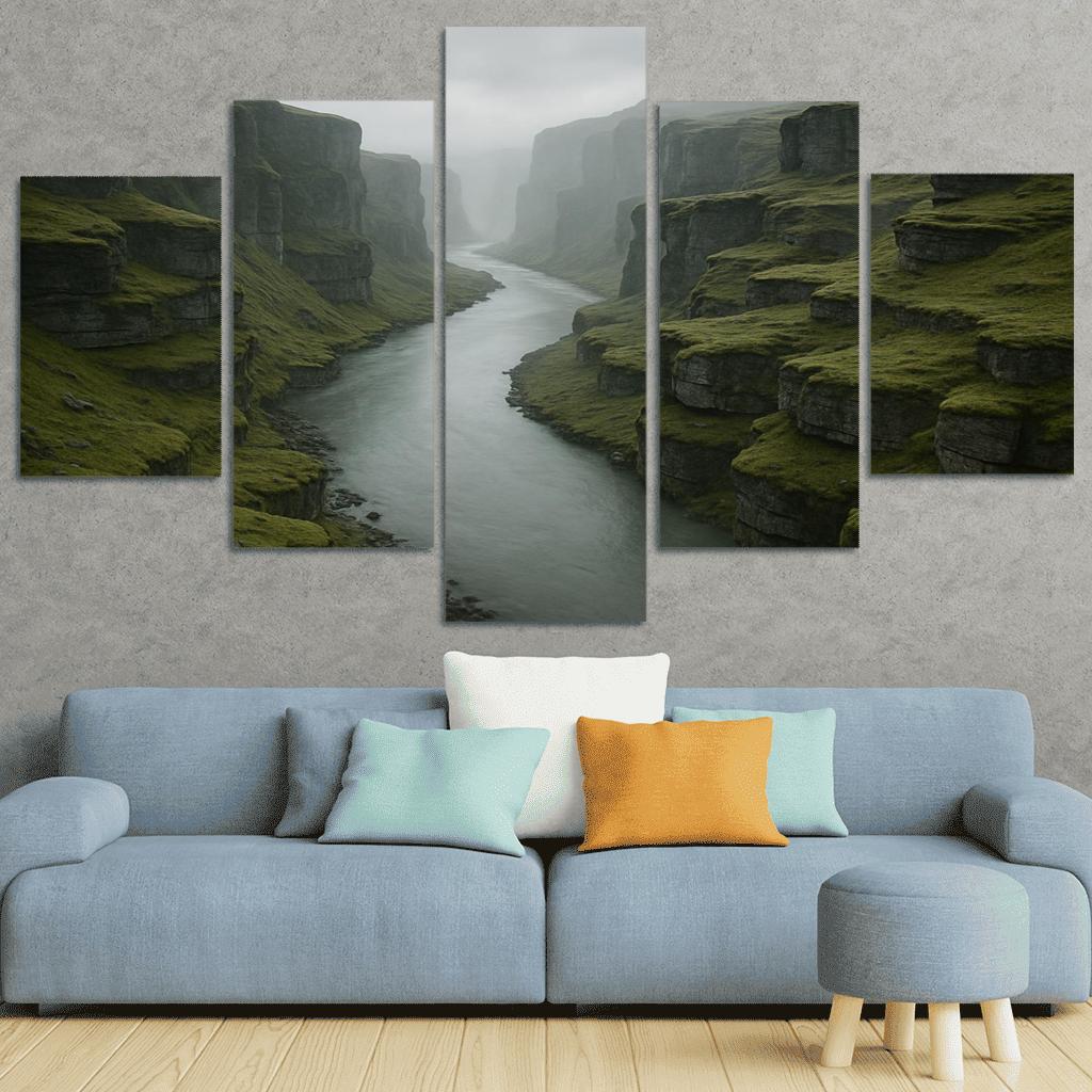 Silver Fog Above The Terraced River Cliffs multi-panel paintings
