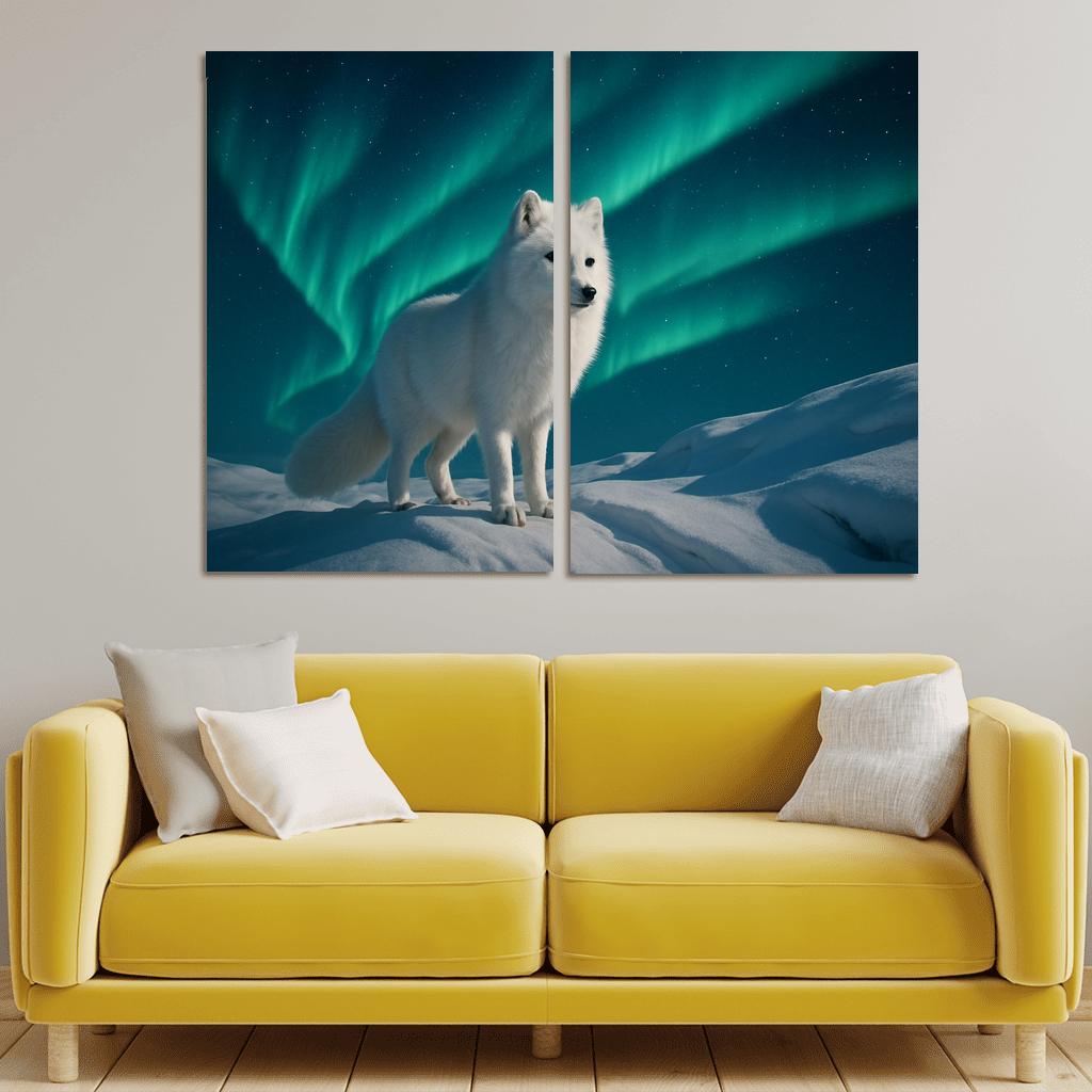 Snowy Arctic Fox Under Dancing Aurora custom paintings frame