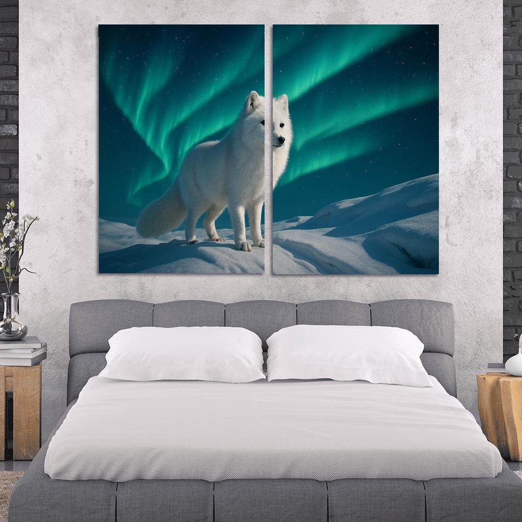 Snowy Arctic Fox Under Dancing Aurora custom paintings frame