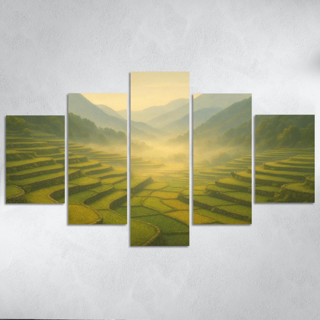 Golden Mist Above Terraced Valley multi-panel paintings