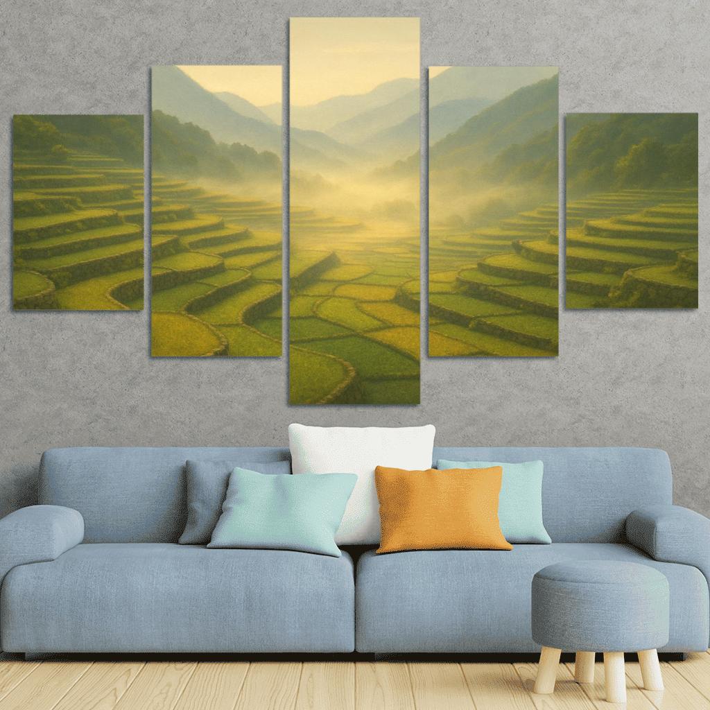 Golden Mist Above Terraced Valley multi-panel paintings
