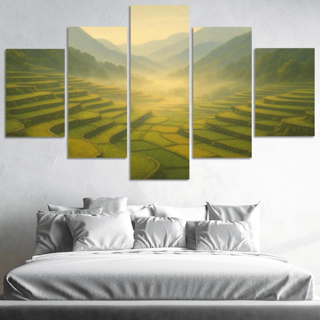 Golden Mist Above Terraced Valley multi-panel paintings
