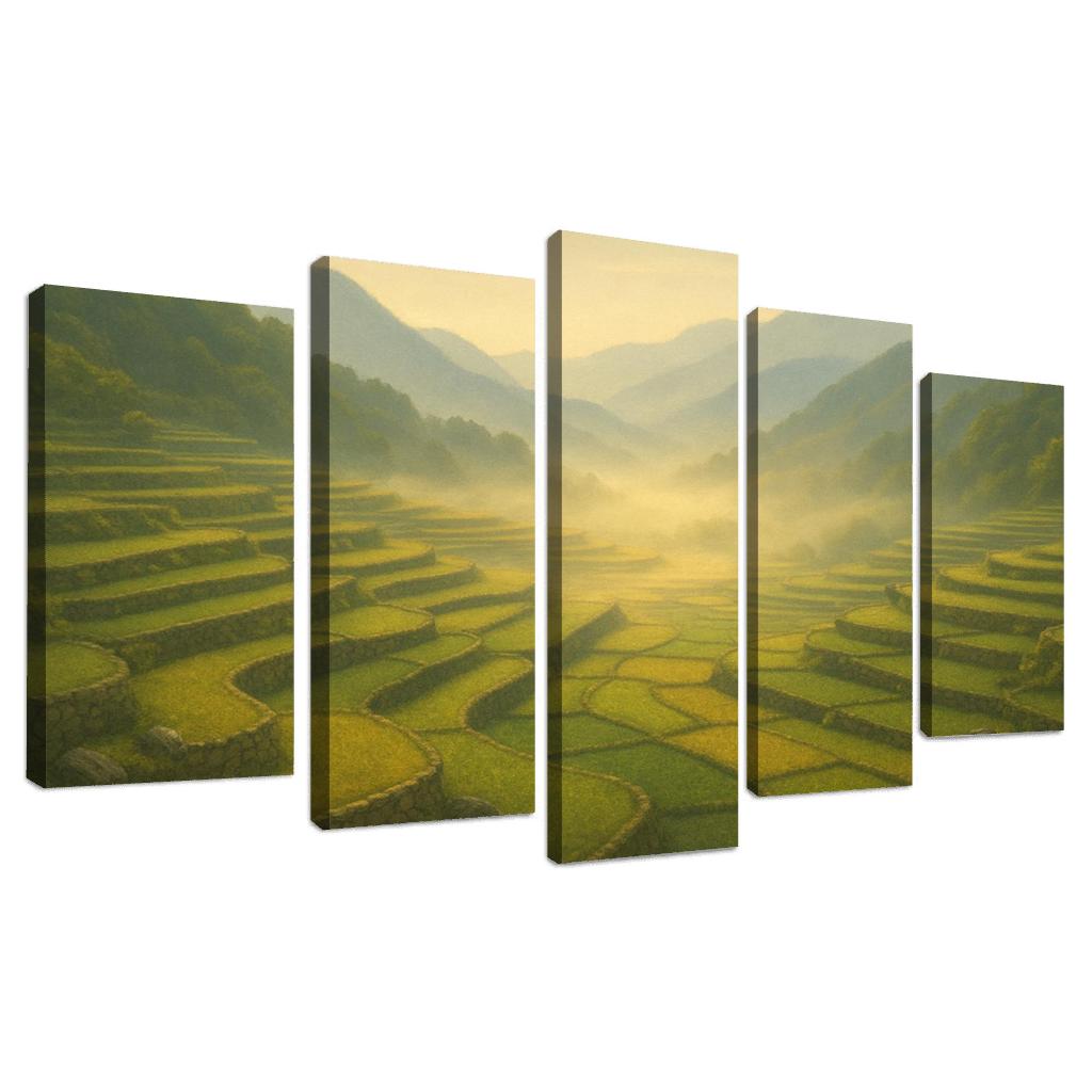 Golden Mist Above Terraced Valley multi-panel paintings