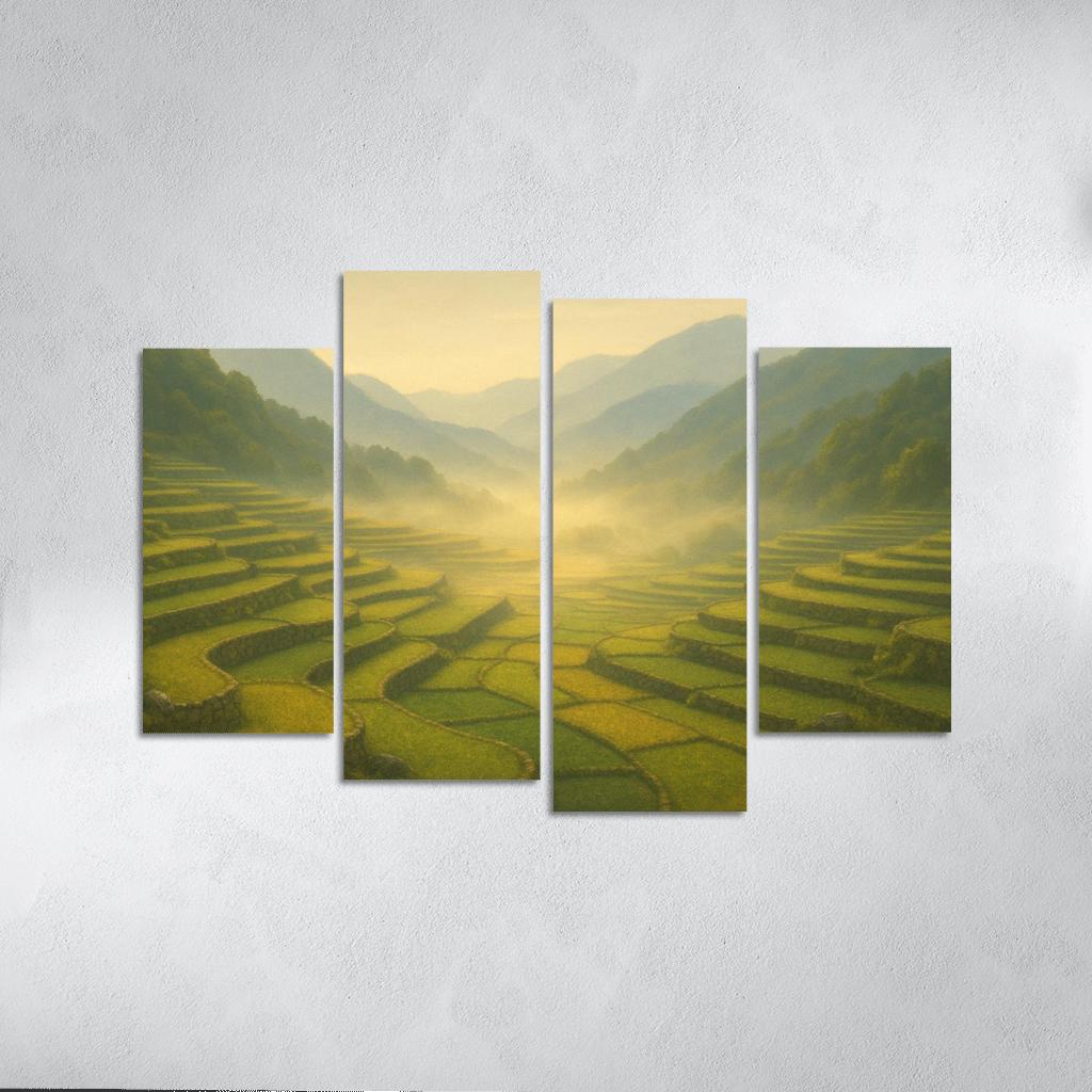 Golden Mist Above Terraced Valley multi-panel paintings