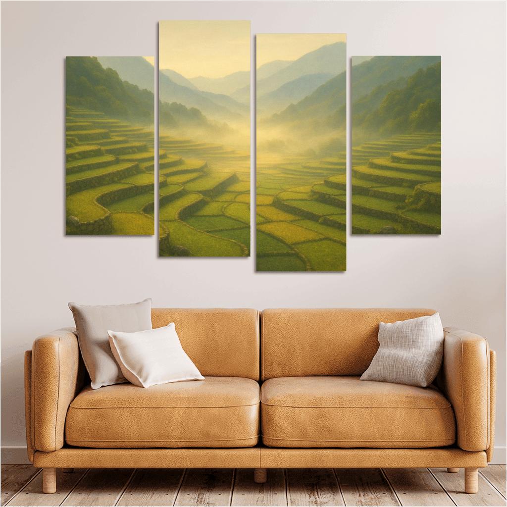 Golden Mist Above Terraced Valley multi-panel paintings